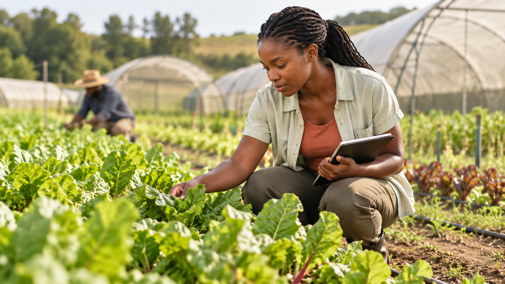 A young African woman examines crops while using a tablet on a modern farm.